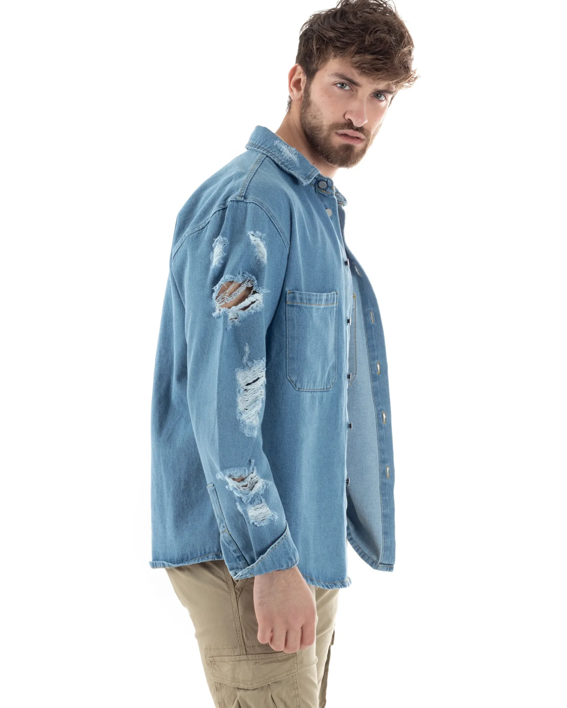 Giubbotto Jeans Uomo Camicione Con Colletto Giacca Con Rotture Denim GIOSAL-G3173A
