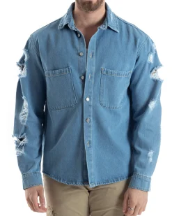 Giubbotto Jeans Uomo Camicione Con Colletto Giacca Con Rotture Denim GIOSAL-G3173A