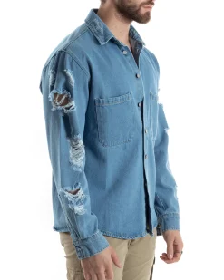 Giubbotto Jeans Uomo Camicione Con Colletto Giacca Con Rotture Denim GIOSAL-G3173A