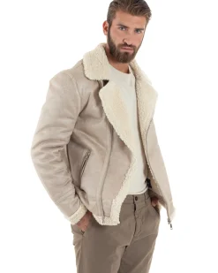 Giubbotto Montone Uomo Camoscio Imbottito Chiodo Caldo Giacca Aviatore Con Zip Con Collo In Pelliccia Casual Beige GIOSAL-G3221A