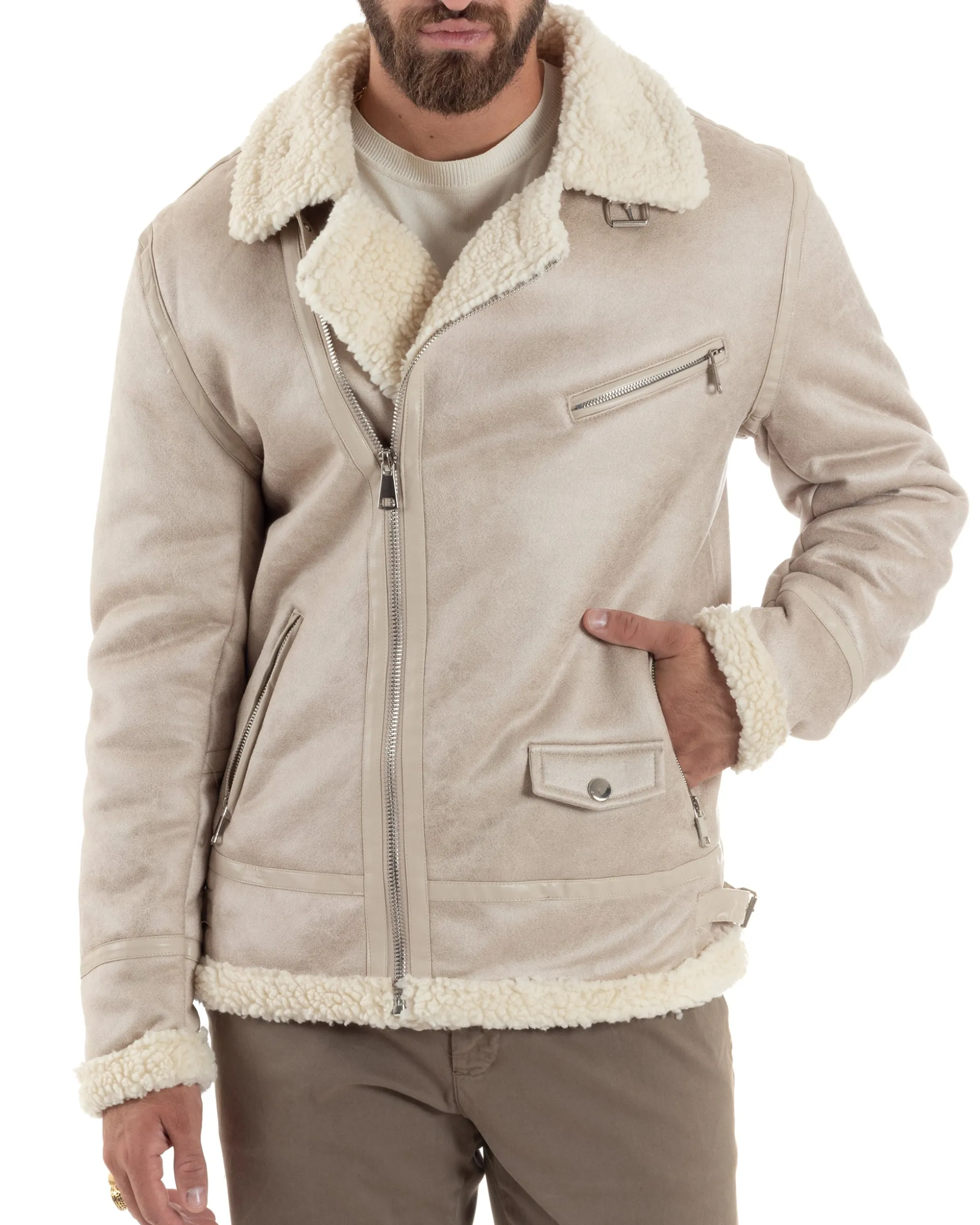 Giubbotto Montone Uomo Camoscio Imbottito Chiodo Caldo Giacca Aviatore Con Zip Con Collo In Pelliccia Casual Beige GIOSAL-G3221A