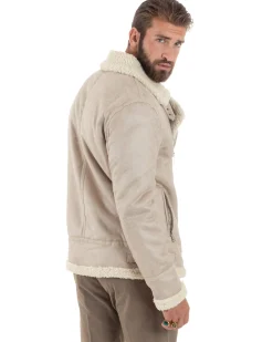 Giubbotto Montone Uomo Camoscio Imbottito Chiodo Caldo Giacca Aviatore Con Zip Con Collo In Pelliccia Casual Beige GIOSAL-G3221A