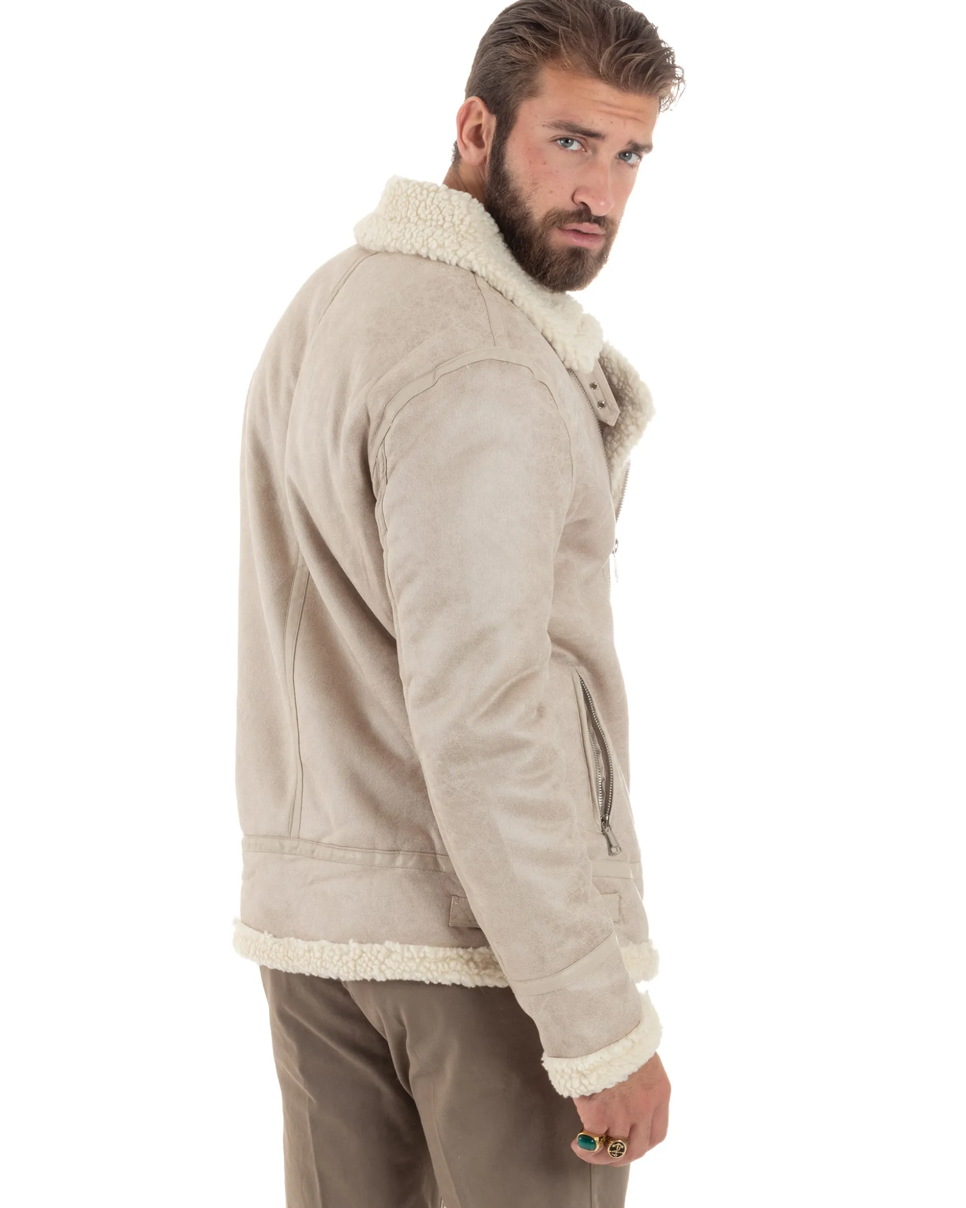 Giubbotto Montone Uomo Camoscio Imbottito Chiodo Caldo Giacca Aviatore Con Zip Con Collo In Pelliccia Casual Beige GIOSAL-G3221A