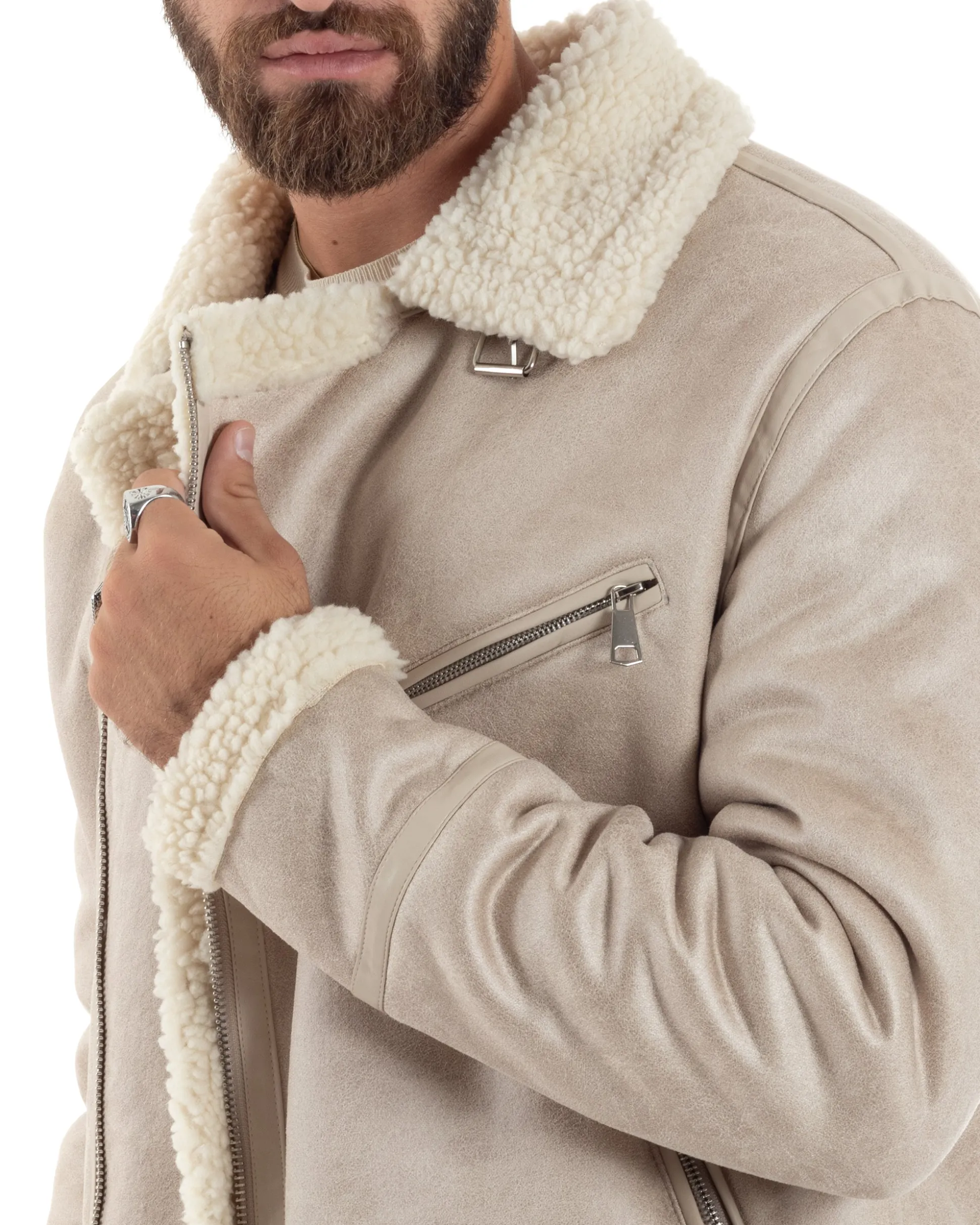 Giubbotto Montone Uomo Camoscio Imbottito Chiodo Caldo Giacca Aviatore Con Zip Con Collo In Pelliccia Casual Beige GIOSAL-G3221A