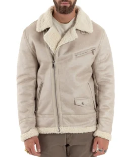 Giubbotto Montone Uomo Camoscio Imbottito Chiodo Caldo Giacca Aviatore Con Zip Con Collo In Pelliccia Casual Beige GIOSAL-G3221A