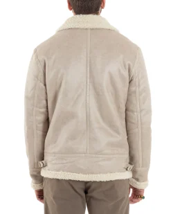 Giubbotto Montone Uomo Camoscio Imbottito Chiodo Caldo Giacca Aviatore Con Zip Con Collo In Pelliccia Casual Beige GIOSAL-G3221A