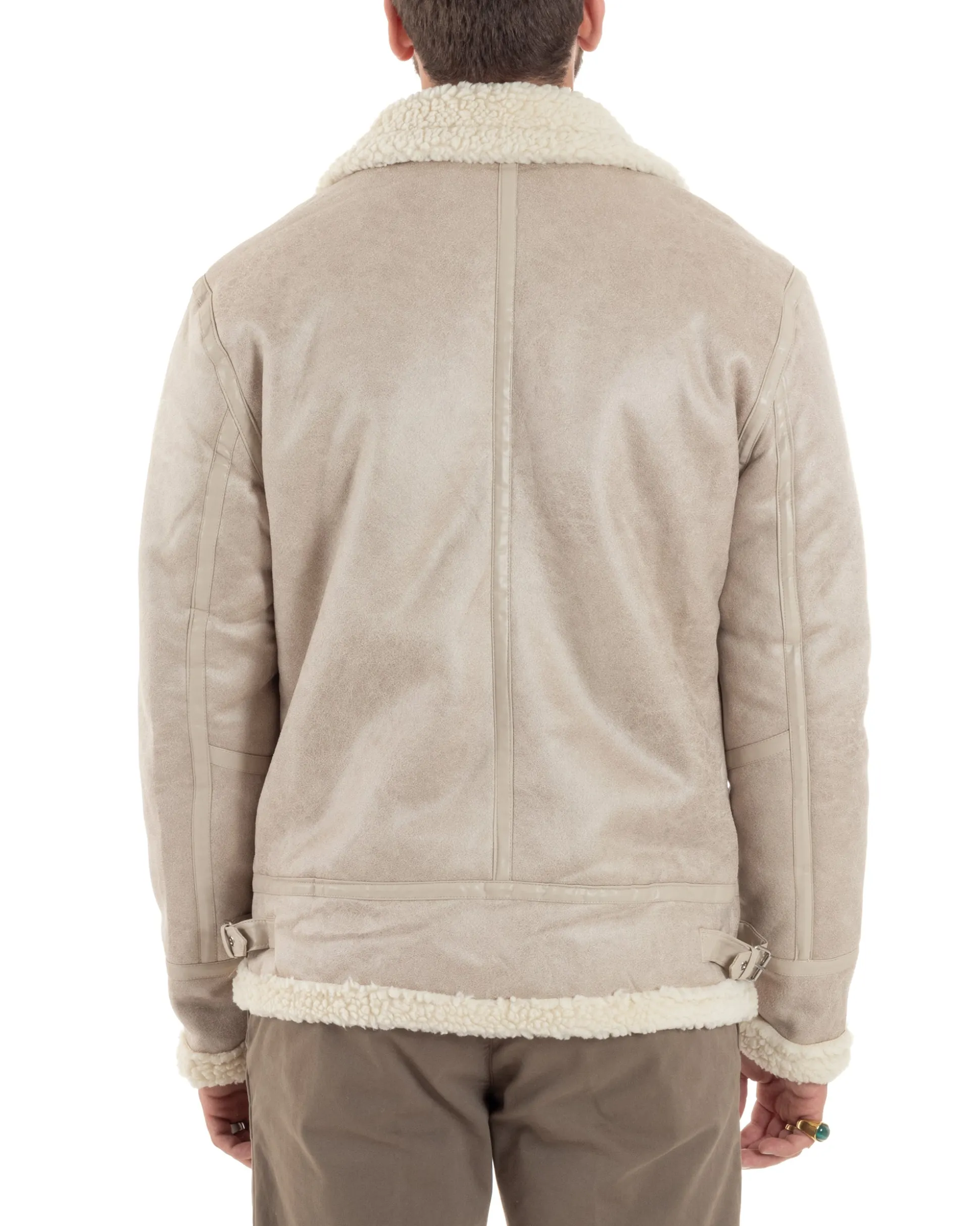 Giubbotto Montone Uomo Camoscio Imbottito Chiodo Caldo Giacca Aviatore Con Zip Con Collo In Pelliccia Casual Beige GIOSAL-G3221A