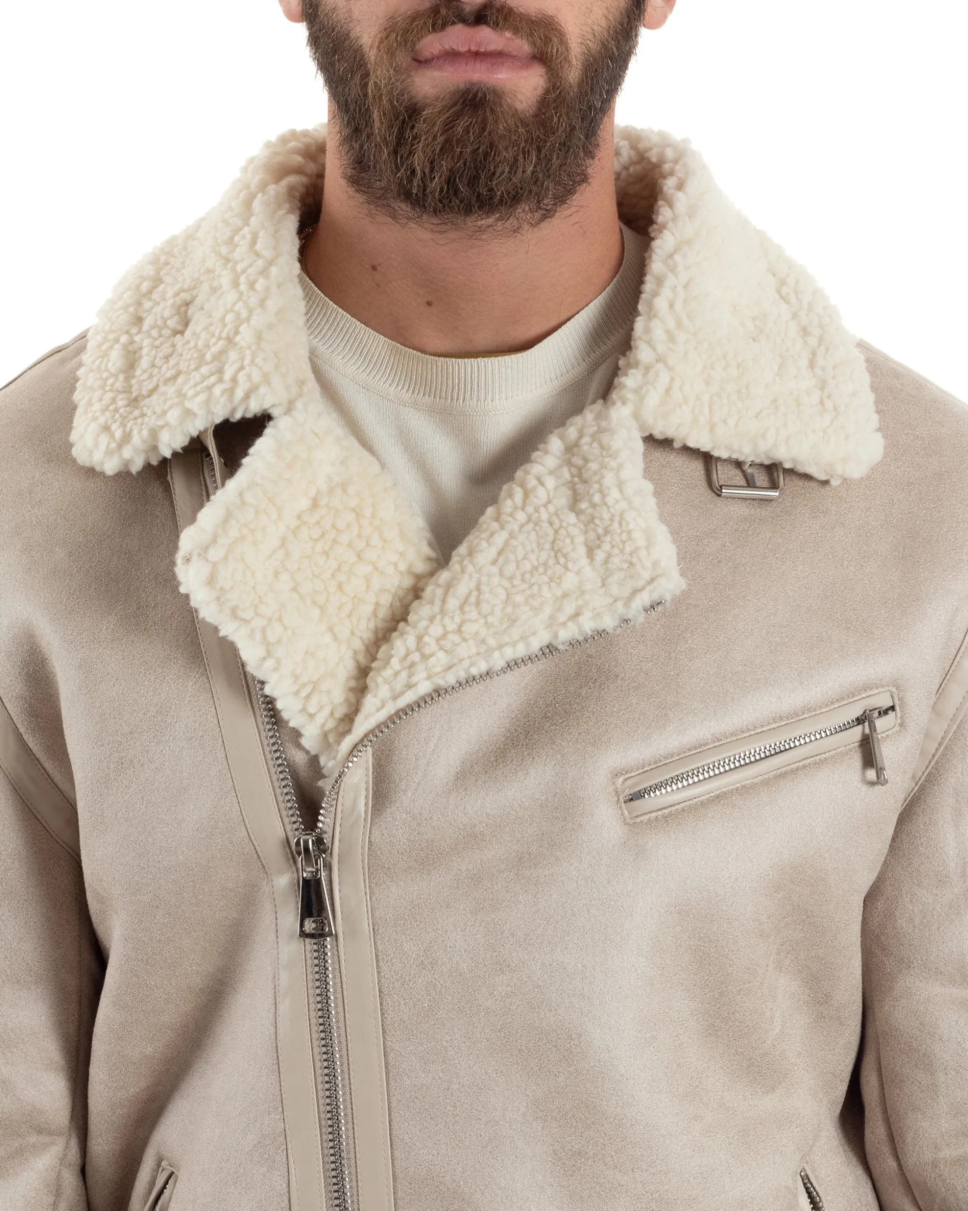 Giubbotto Montone Uomo Camoscio Imbottito Chiodo Caldo Giacca Aviatore Con Zip Con Collo In Pelliccia Casual Beige GIOSAL-G3221A