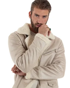 Giubbotto Montone Uomo Camoscio Imbottito Chiodo Caldo Giacca Aviatore Con Zip Con Collo In Pelliccia Casual Beige GIOSAL-G3221A