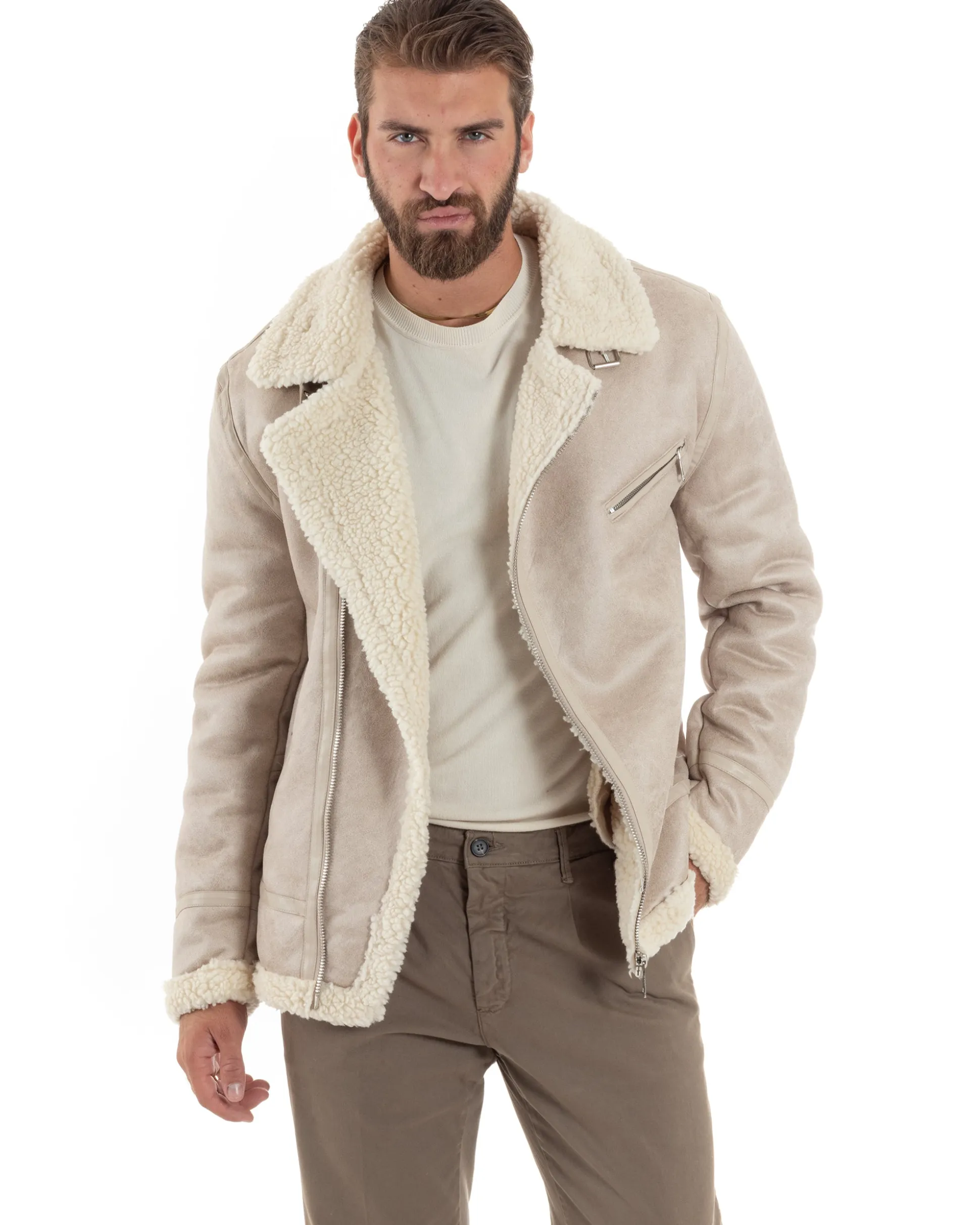 Giubbotto Montone Uomo Camoscio Imbottito Chiodo Caldo Giacca Aviatore Con Zip Con Collo In Pelliccia Casual Beige GIOSAL-G3221A