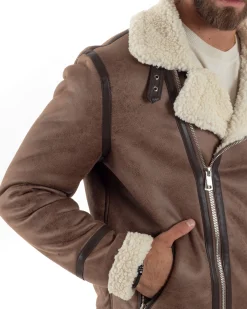 Giubbotto montone uomo camoscio imbottito chiodo giacca aviatore zip pelliccia camel GIOSAL-G3222A