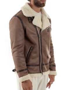 Giubbotto montone uomo camoscio imbottito chiodo giacca aviatore zip pelliccia camel GIOSAL-G3222A