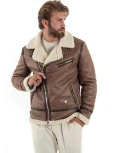 Giubbotto montone uomo camoscio imbottito chiodo giacca aviatore zip pelliccia camel GIOSAL-G3222A