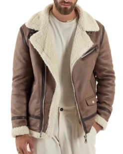 Giubbotto montone uomo camoscio imbottito chiodo giacca aviatore zip pelliccia camel GIOSAL-G3222A
