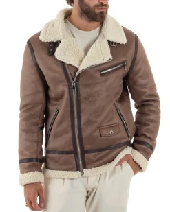 Giubbotto montone uomo camoscio imbottito chiodo giacca aviatore zip pelliccia camel GIOSAL-G3222A