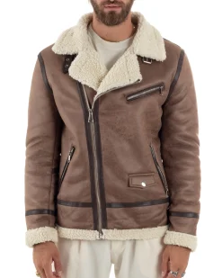 Giubbotto montone uomo camoscio imbottito chiodo giacca aviatore zip pelliccia camel GIOSAL-G3222A