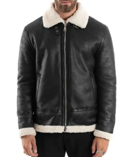 Giubbotto Montone Uomo Camoscio Con Zip Aviatore Con Pelliccia Giacca College Con Collo Imbottito Caldo Casual Nero GIOSAL-G3228A