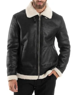 Giubbotto Montone Uomo Camoscio Con Zip Aviatore Con Pelliccia Giacca College Con Collo Imbottito Caldo Casual Nero GIOSAL-G3228A