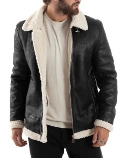 Giubbotto Montone Uomo Camoscio Con Zip Aviatore Con Pelliccia Giacca College Con Collo Imbottito Caldo Casual Nero GIOSAL-G3228A