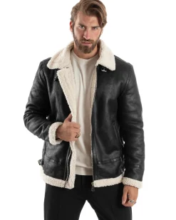 Giubbotto Montone Uomo Camoscio Con Zip Aviatore Con Pelliccia Giacca College Con Collo Imbottito Caldo Casual Nero GIOSAL-G3228A
