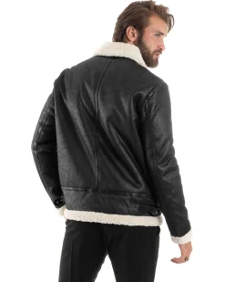 Giubbotto Montone Uomo Camoscio Con Zip Aviatore Con Pelliccia Giacca College Con Collo Imbottito Caldo Casual Nero GIOSAL-G3228A