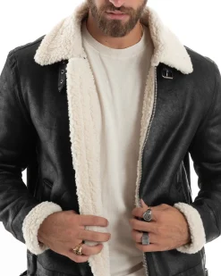 Giubbotto Montone Uomo Camoscio Con Zip Aviatore Con Pelliccia Giacca College Con Collo Imbottito Caldo Casual Nero GIOSAL-G3228A
