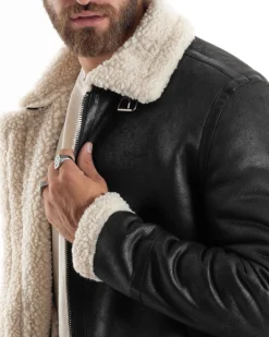 Giubbotto Montone Uomo Camoscio Con Zip Aviatore Con Pelliccia Giacca College Con Collo Imbottito Caldo Casual Nero GIOSAL-G3228A