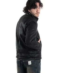 Giubbotto Montone Uomo Camoscio Imbottito Con Collo Casual Giacca Aviatore Con Zip Nero GIOSAL-G3286A