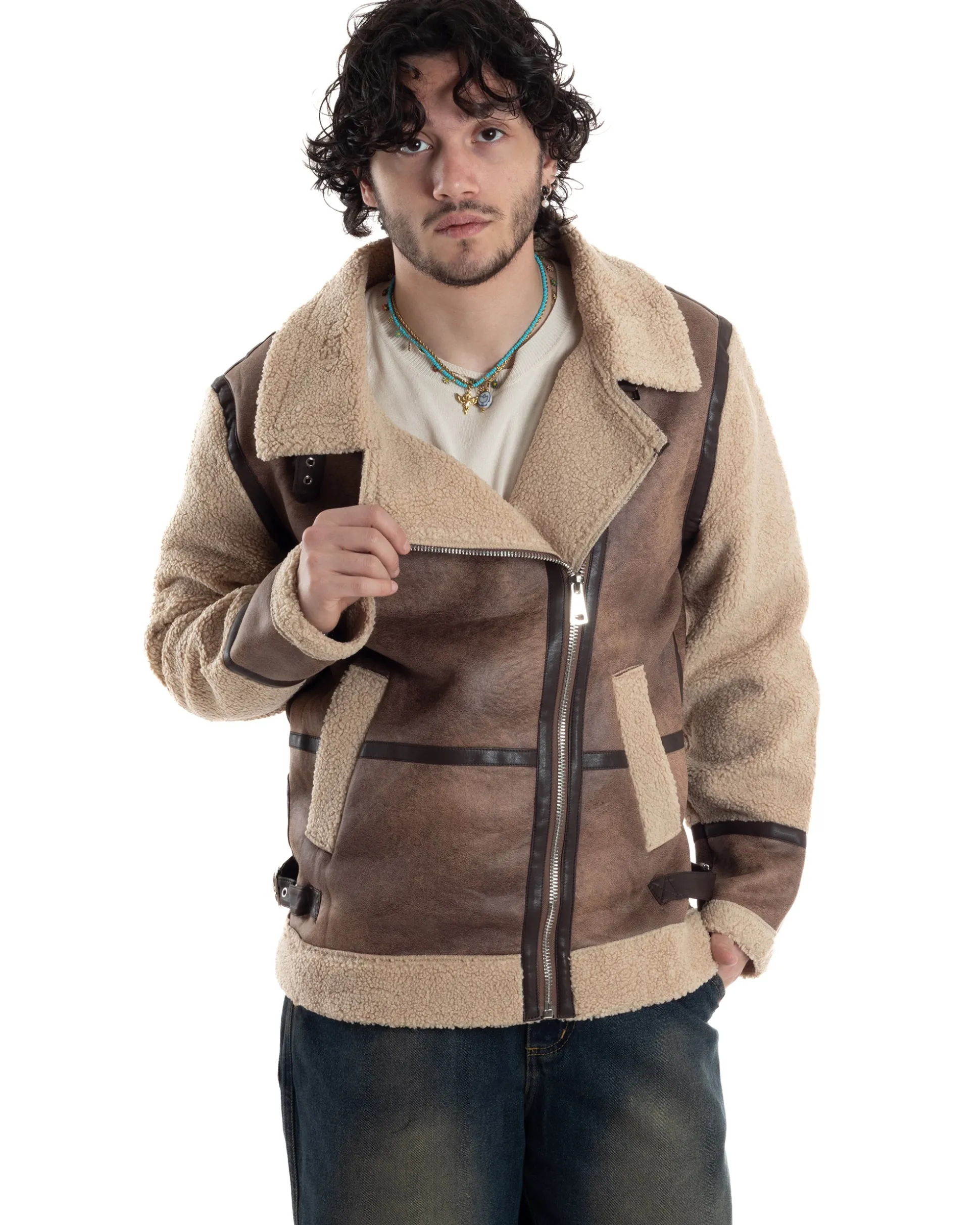 Giubbotto Montone Uomo Camoscio Chiodo Caldo Pelliccia Teddy Giacca Aviatore Zip Camel GIOSAL-G3285A
