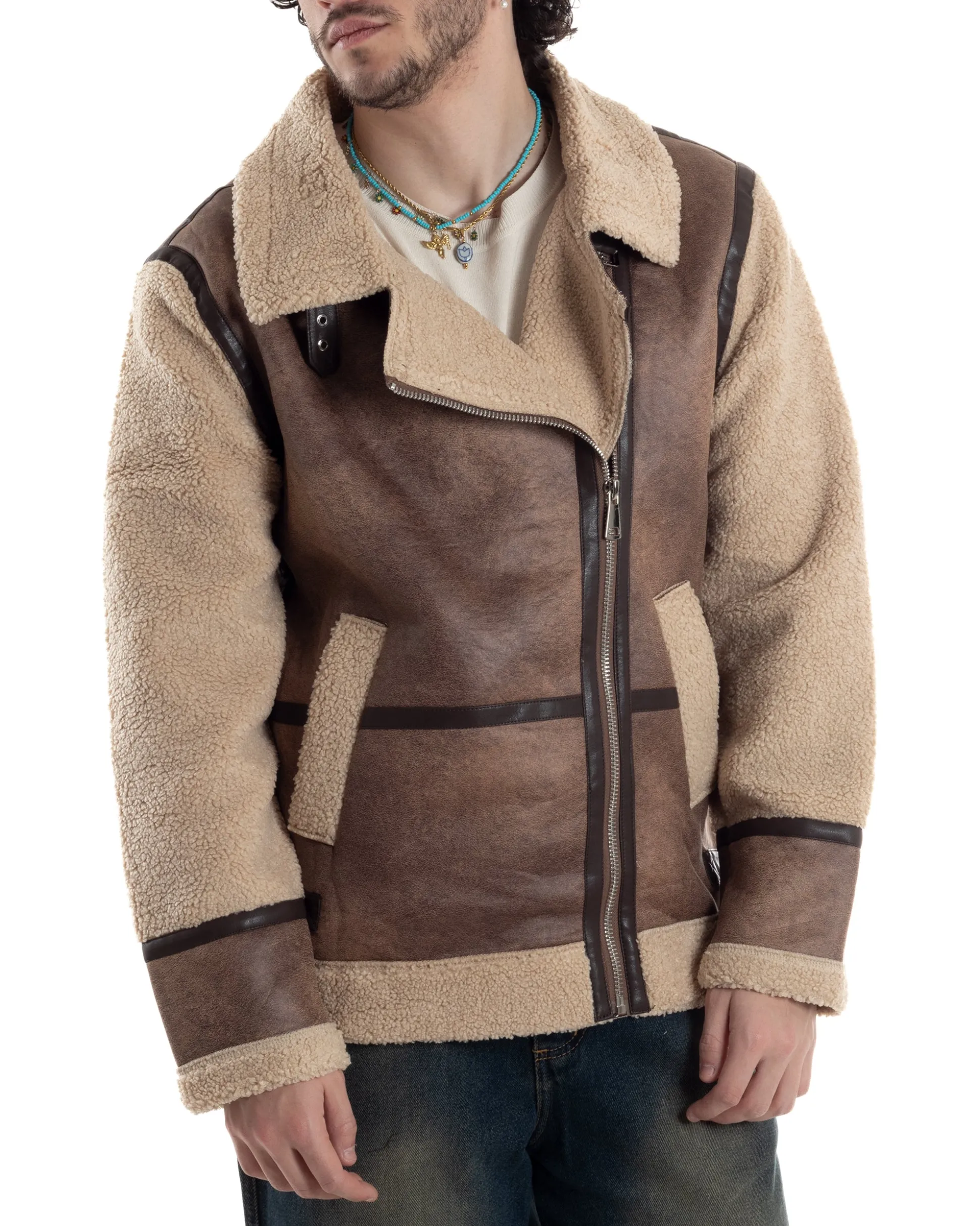 Giubbotto Montone Uomo Camoscio Chiodo Caldo Pelliccia Teddy Giacca Aviatore Zip Camel GIOSAL-G3285A