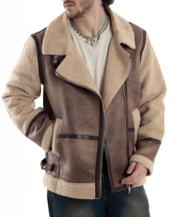 Giubbotto Montone Uomo Camoscio Chiodo Caldo Pelliccia Teddy Giacca Aviatore Zip Camel GIOSAL-G3285A