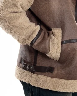 Giubbotto Montone Uomo Camoscio Chiodo Caldo Pelliccia Teddy Giacca Aviatore Zip Camel GIOSAL-G3285A