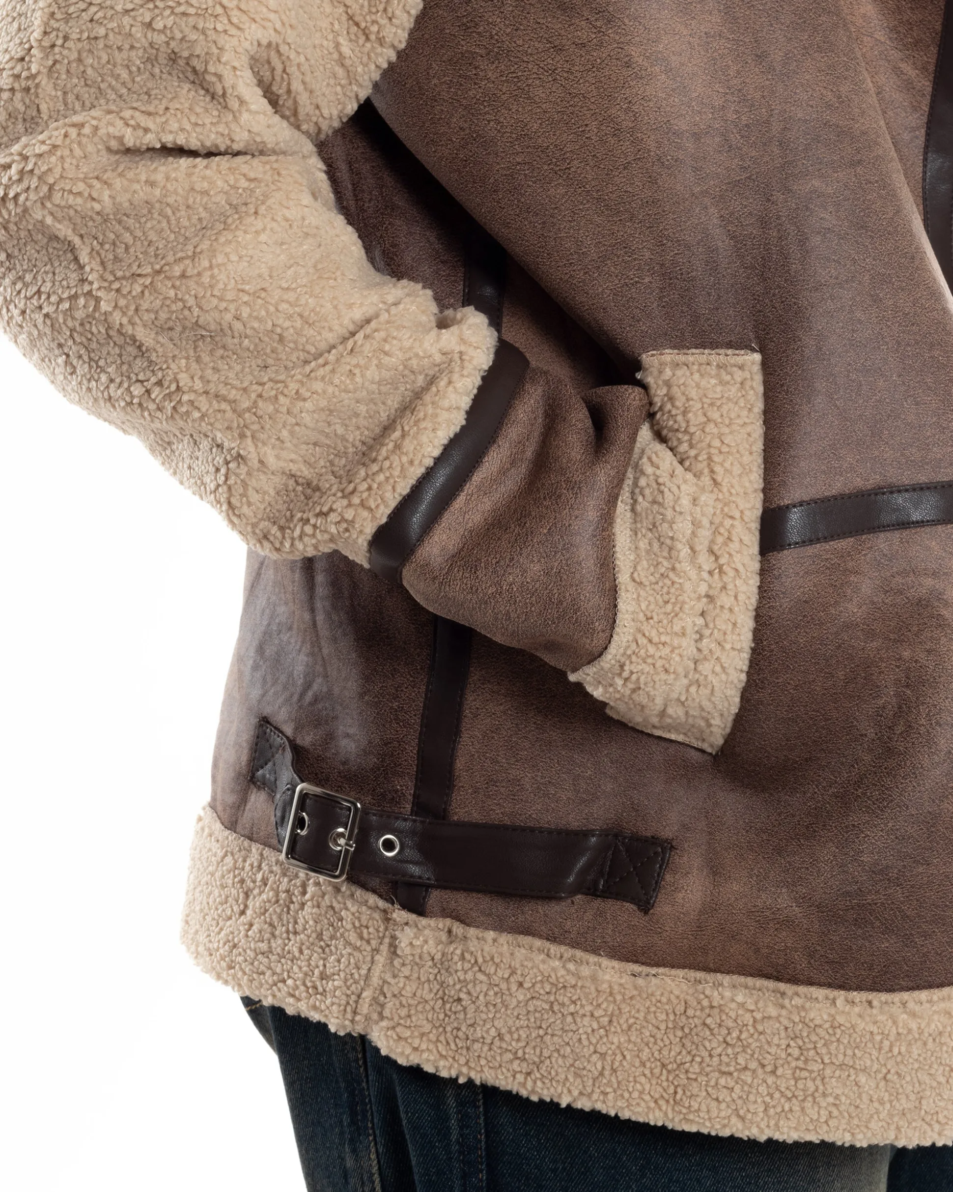 Giubbotto Montone Uomo Camoscio Chiodo Caldo Pelliccia Teddy Giacca Aviatore Zip Camel GIOSAL-G3285A
