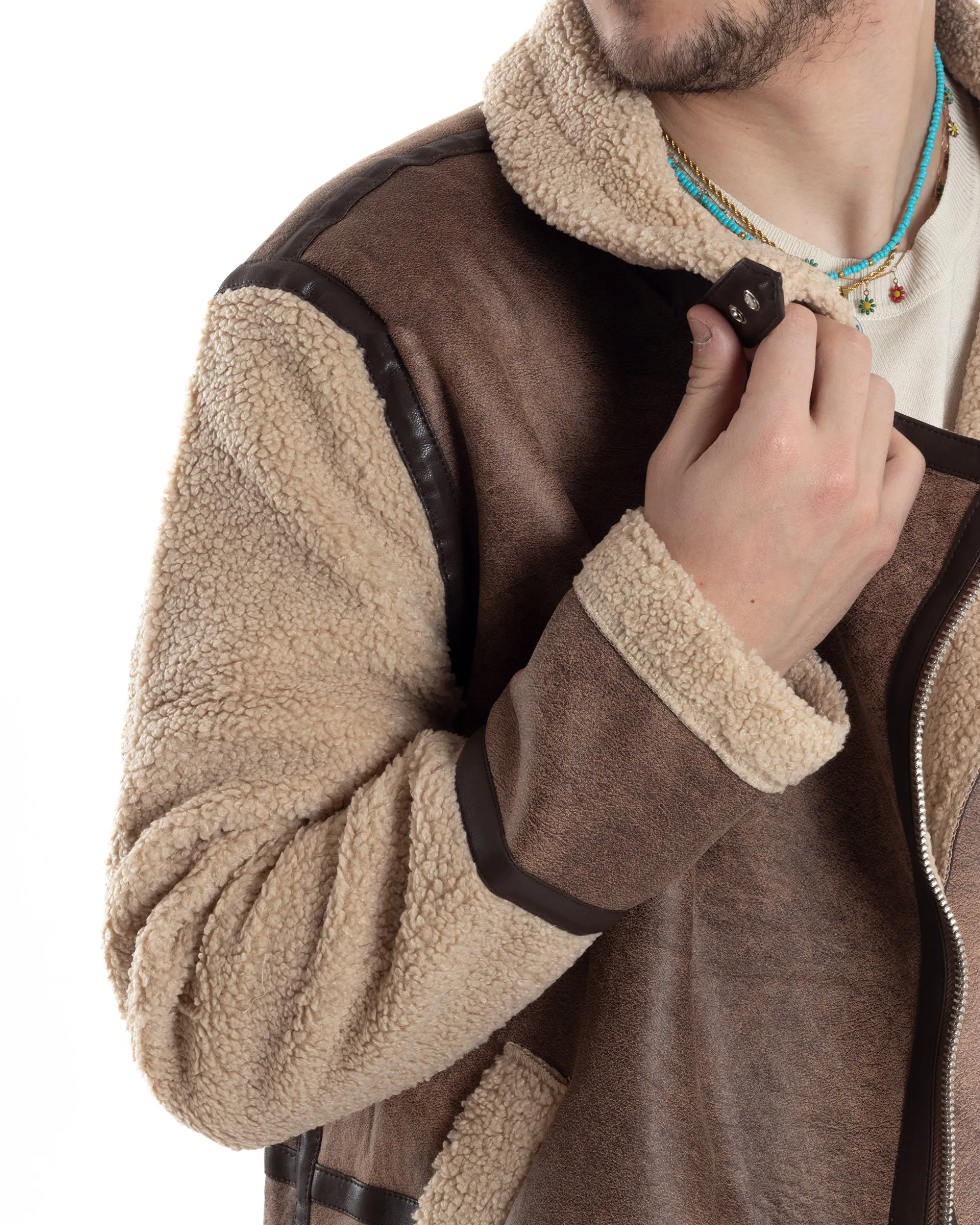 Giubbotto Montone Uomo Camoscio Chiodo Caldo Pelliccia Teddy Giacca Aviatore Zip Camel GIOSAL-G3285A