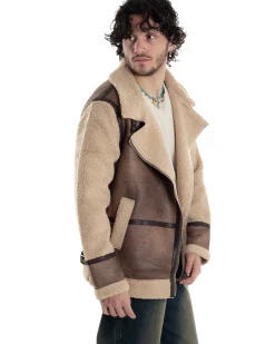 Giubbotto Montone Uomo Camoscio Chiodo Caldo Pelliccia Teddy Giacca Aviatore Zip Camel GIOSAL-G3285A