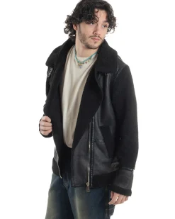 Giubbotto Montone Uomo Camoscio Chiodo Caldo Pelliccia Teddy Giacca Aviatore Zip Nero GIOSAL-G3284A
