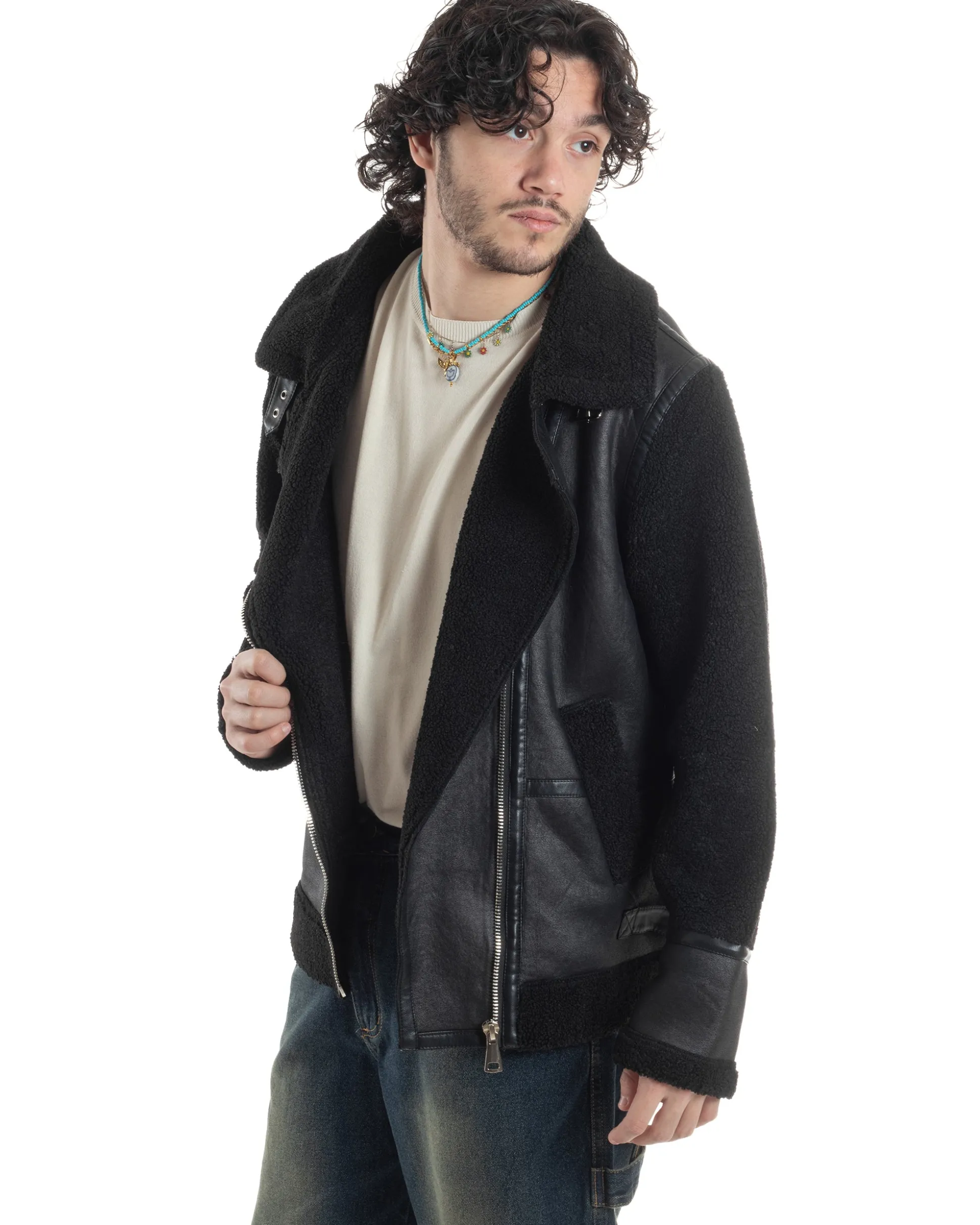 Giubbotto Montone Uomo Camoscio Chiodo Caldo Pelliccia Teddy Giacca Aviatore Zip Nero GIOSAL-G3284A