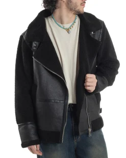 Giubbotto Montone Uomo Camoscio Chiodo Caldo Pelliccia Teddy Giacca Aviatore Zip Nero GIOSAL-G3284A