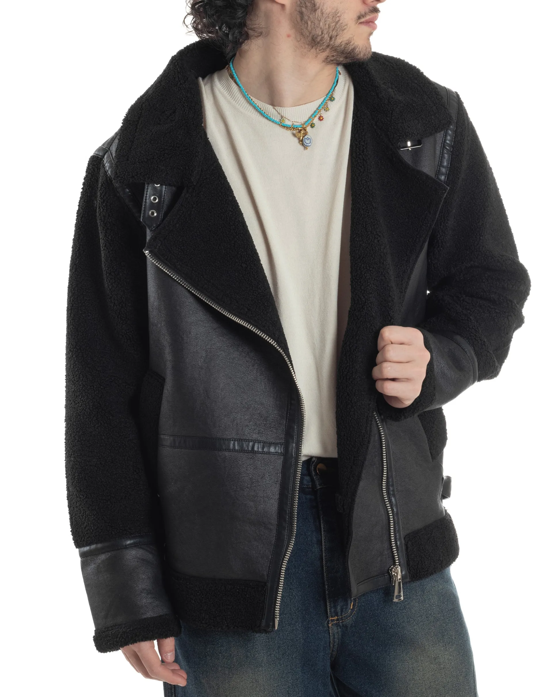 Giubbotto Montone Uomo Camoscio Chiodo Caldo Pelliccia Teddy Giacca Aviatore Zip Nero GIOSAL-G3284A