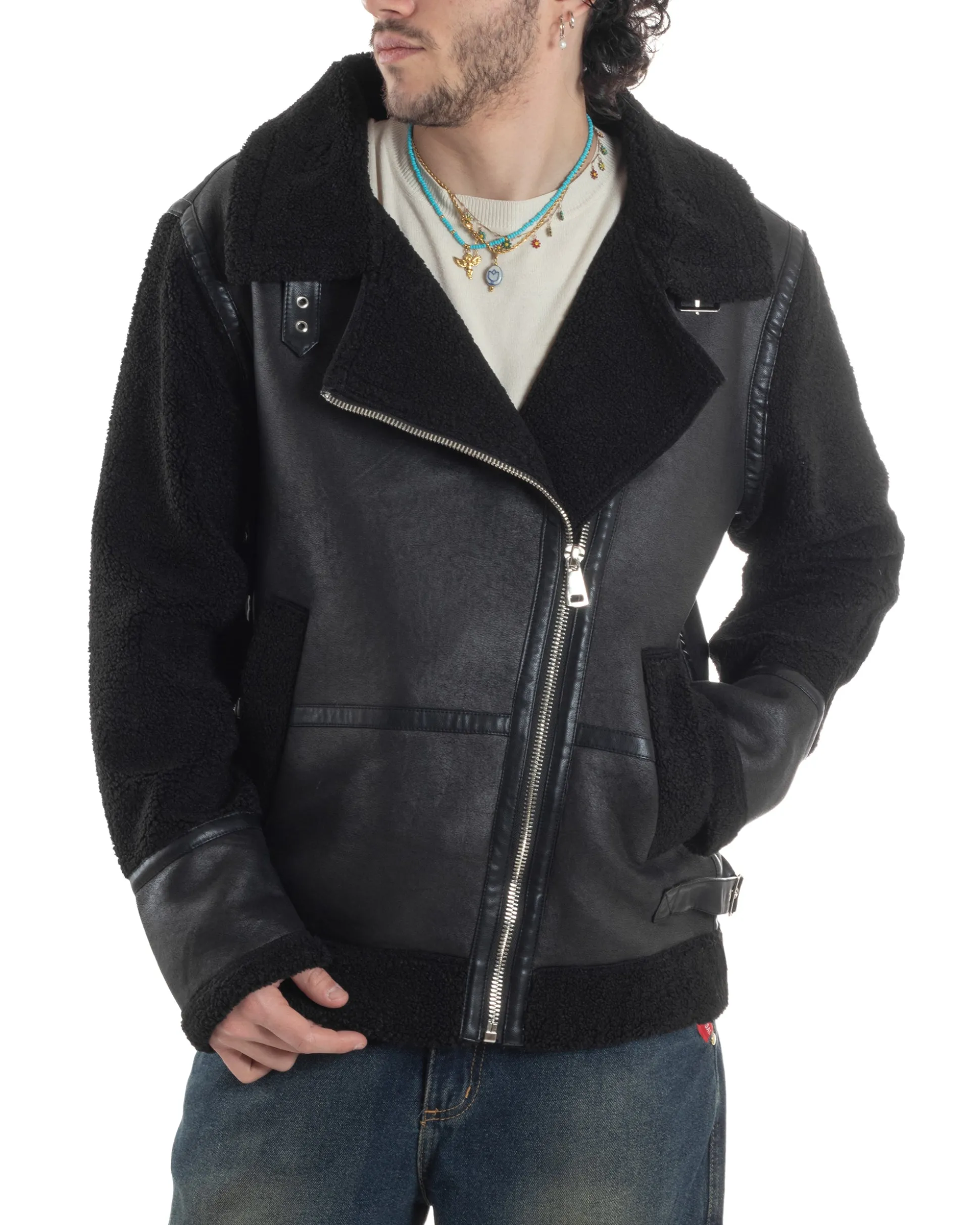 Giubbotto Montone Uomo Camoscio Chiodo Caldo Pelliccia Teddy Giacca Aviatore Zip Nero GIOSAL-G3284A