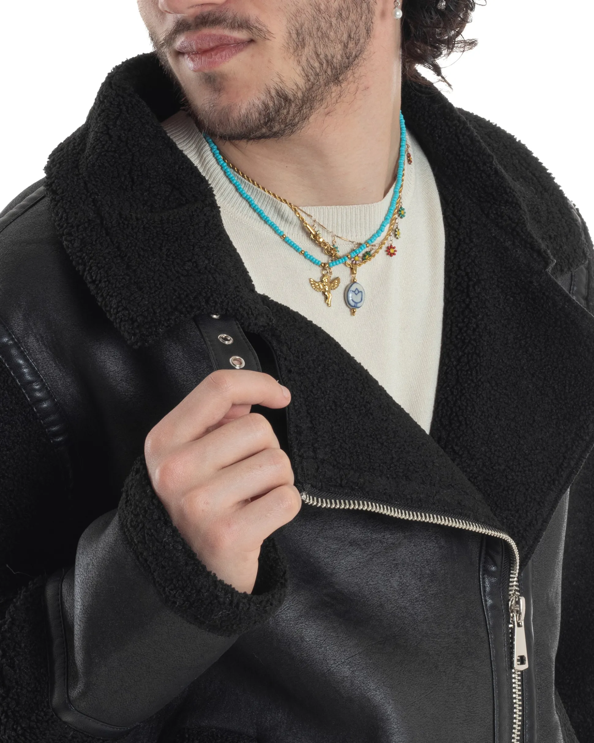 Giubbotto Montone Uomo Camoscio Chiodo Caldo Pelliccia Teddy Giacca Aviatore Zip Nero GIOSAL-G3284A