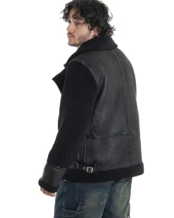 Giubbotto Montone Uomo Camoscio Chiodo Caldo Pelliccia Teddy Giacca Aviatore Zip Nero GIOSAL-G3284A