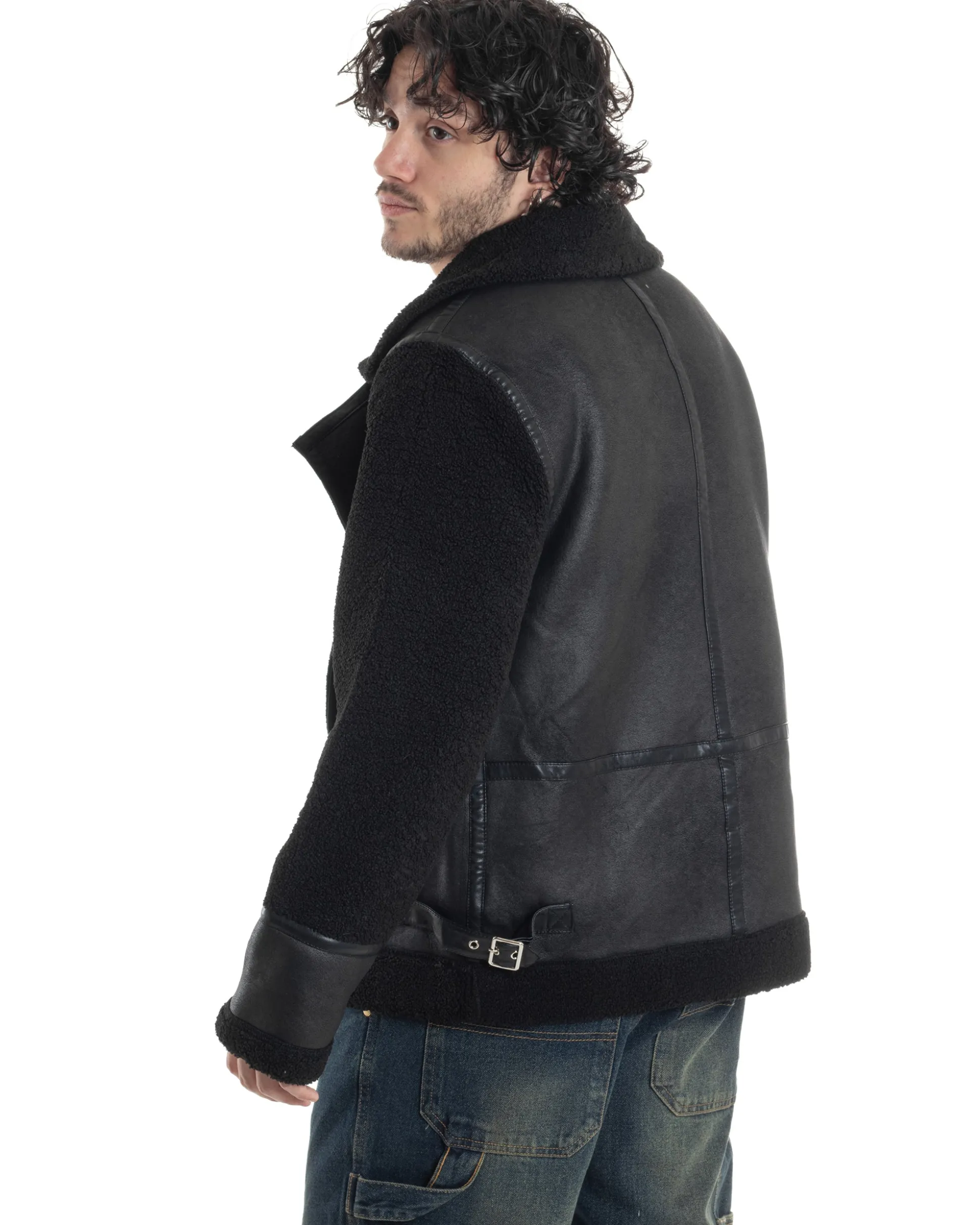 Giubbotto Montone Uomo Camoscio Chiodo Caldo Pelliccia Teddy Giacca Aviatore Zip Nero GIOSAL-G3284A