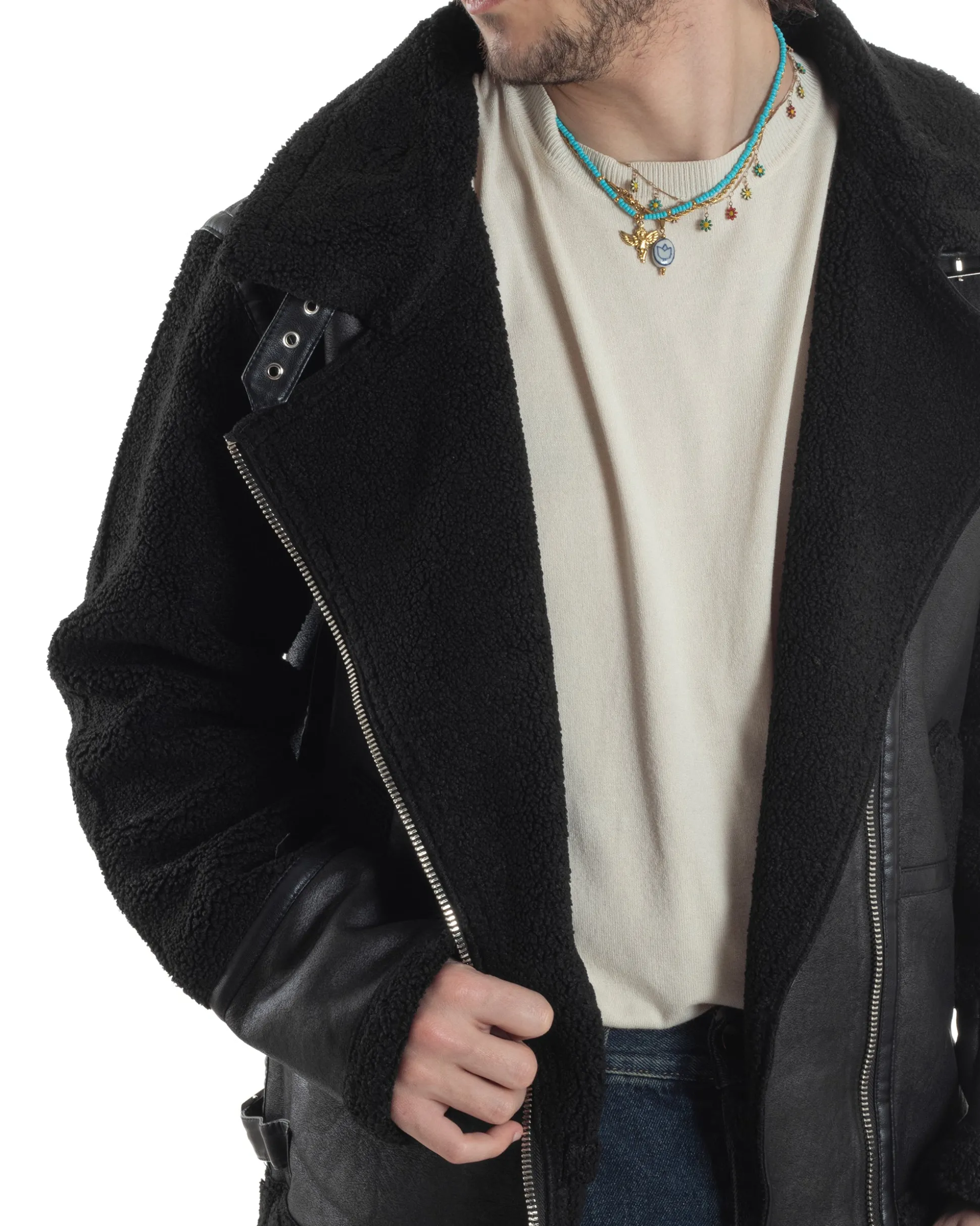 Giubbotto Montone Uomo Camoscio Chiodo Caldo Pelliccia Teddy Giacca Aviatore Zip Nero GIOSAL-G3284A