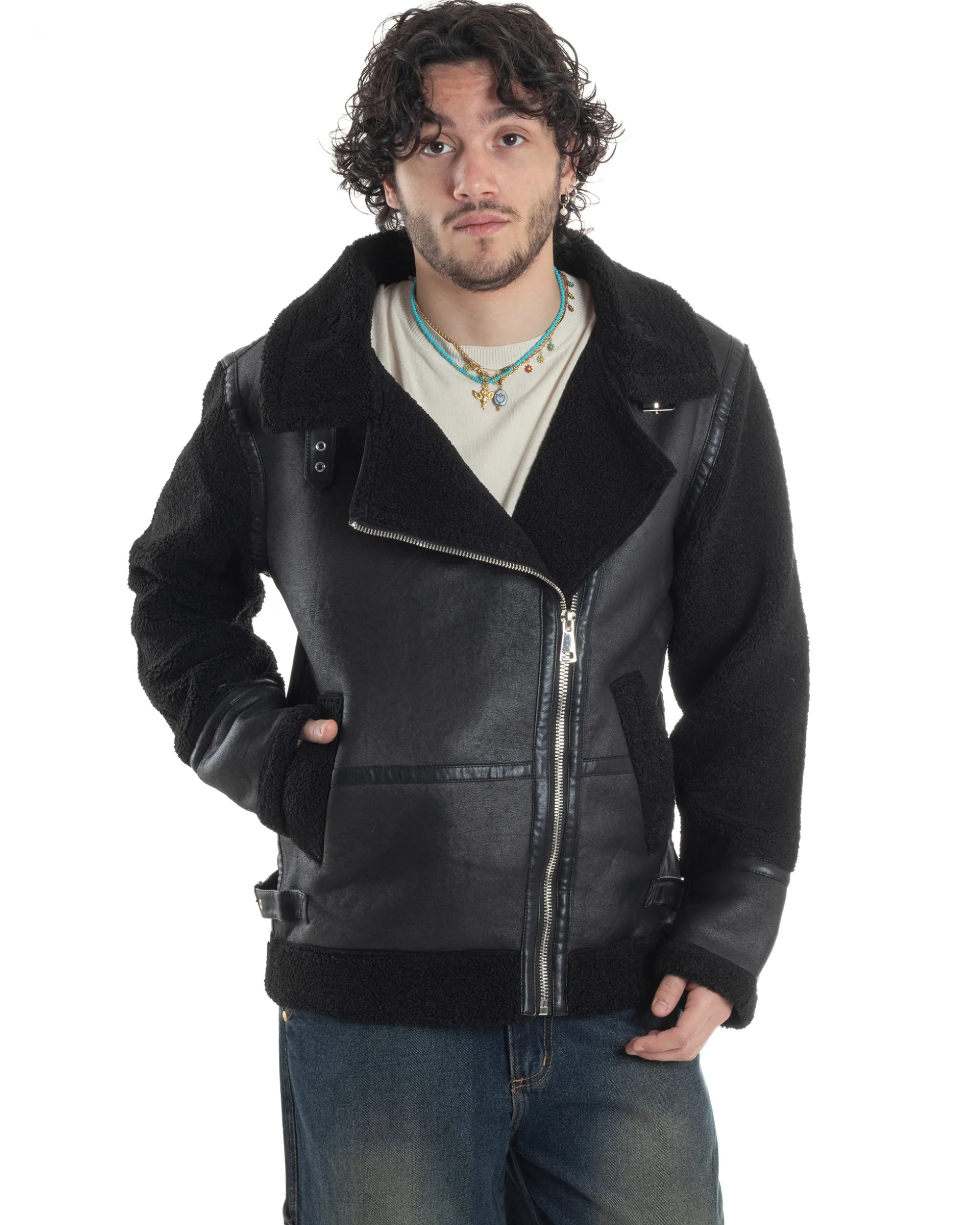 Giubbotto Montone Uomo Camoscio Chiodo Caldo Pelliccia Teddy Giacca Aviatore Zip Nero GIOSAL-G3284A