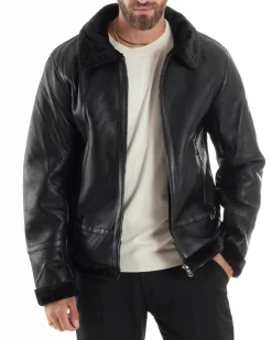 Giubbotto Montone Uomo Ecopelle College Con Zip Giacca Con Collo Imbottito Caldo Aviatore Con Pelliccia Casual Nero GIOSAL-G3225A