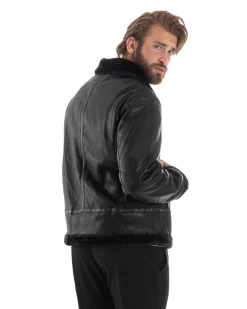 Giubbotto Montone Uomo Ecopelle College Con Zip Giacca Con Collo Imbottito Caldo Aviatore Con Pelliccia Casual Nero GIOSAL-G3225A