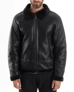 Giubbotto Montone Uomo Ecopelle College Con Zip Giacca Con Collo Imbottito Caldo Aviatore Con Pelliccia Casual Nero GIOSAL-G3225A