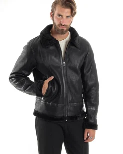 Giubbotto Montone Uomo Ecopelle College Con Zip Giacca Con Collo Imbottito Caldo Aviatore Con Pelliccia Casual Nero GIOSAL-G3225A