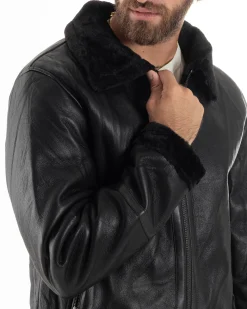 Giubbotto Montone Uomo Ecopelle College Con Zip Giacca Con Collo Imbottito Caldo Aviatore Con Pelliccia Casual Nero GIOSAL-G3225A